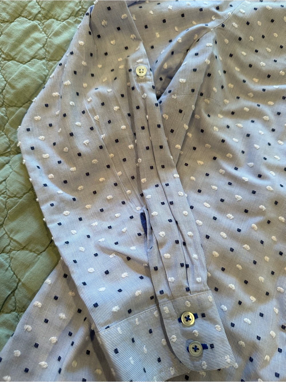 Talbots Light Blue Button-Down Shirt with Navy and White Dot Print - Picture 9 of 11
